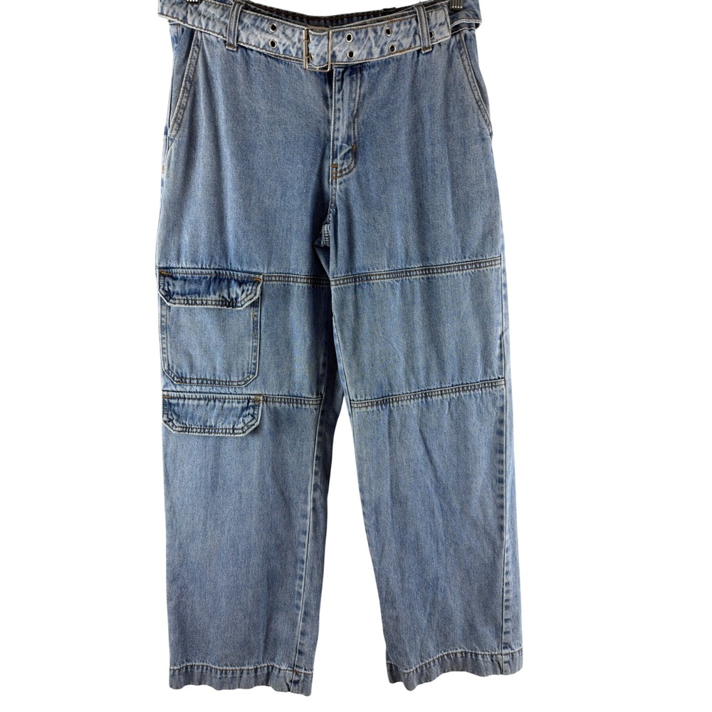 Forever 21 Light Wash Denim Cargo Pants Belted Womens 27 Straight Leg Blue